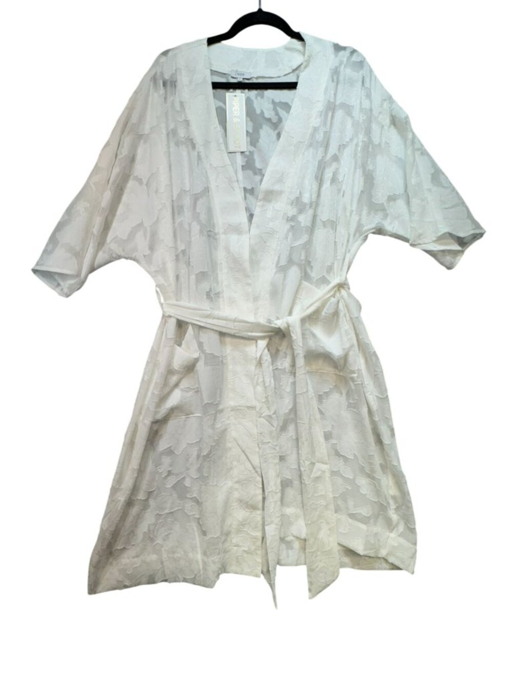 Voy Womens Sheer Kimono Robe Size L White Floral Belted Mini Textured Summer NWT